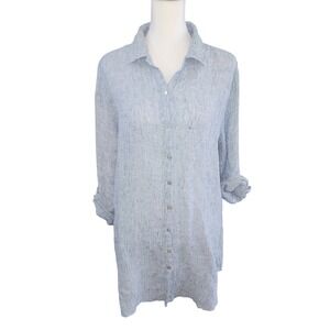 Tahari Linen Blend Cover Up Shirt Blue White Striped Roll Tab Sleeve Womens M